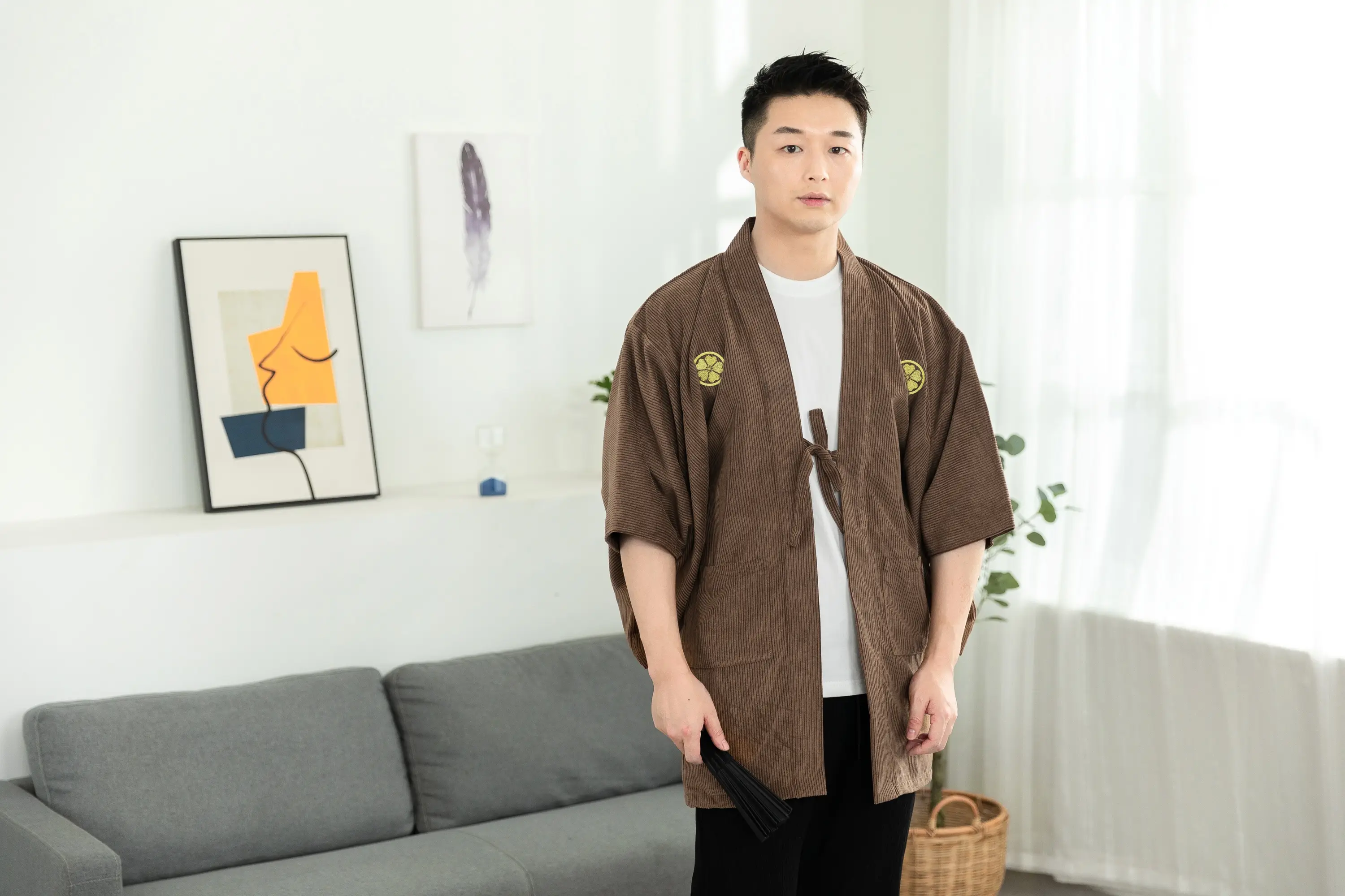 Men's Haori, Japanese Kimono Jacket, Samurai Style Embroidered Coat, Double-layer Lace Up Outerwear, Unique Japanese Novelty Clothing, Halloween Costume.
