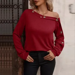 European And American New Women's Fashion Button Off Shoulder Top - Wine - View 1