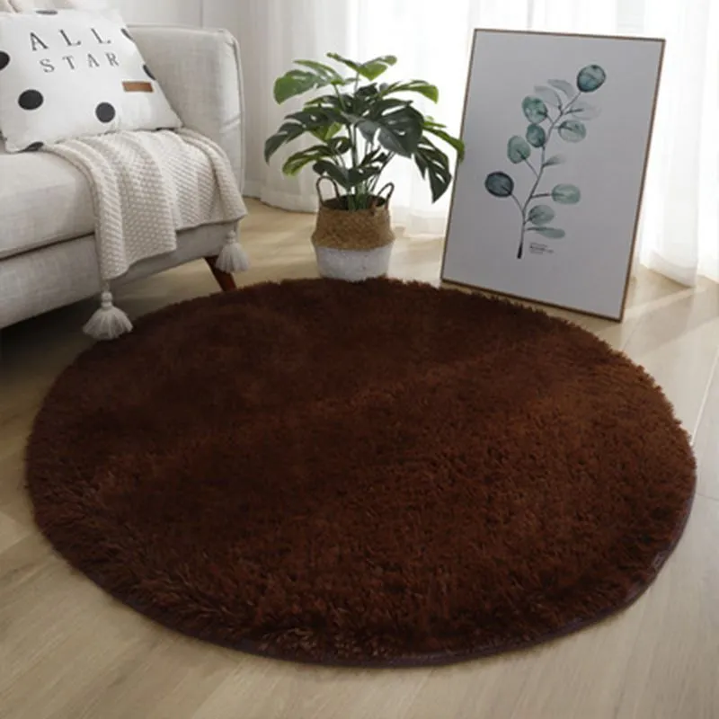 Tie Dye Silk Carpet Long Hair Round Bedroom Thickened Floor Mat - Coffee