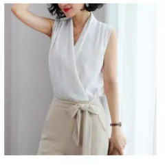 Real Shot Summer New Style Korean V-neck Satin Sleeveless Chiffon Vest Blouse Blouse Summer Dress - White - View 1