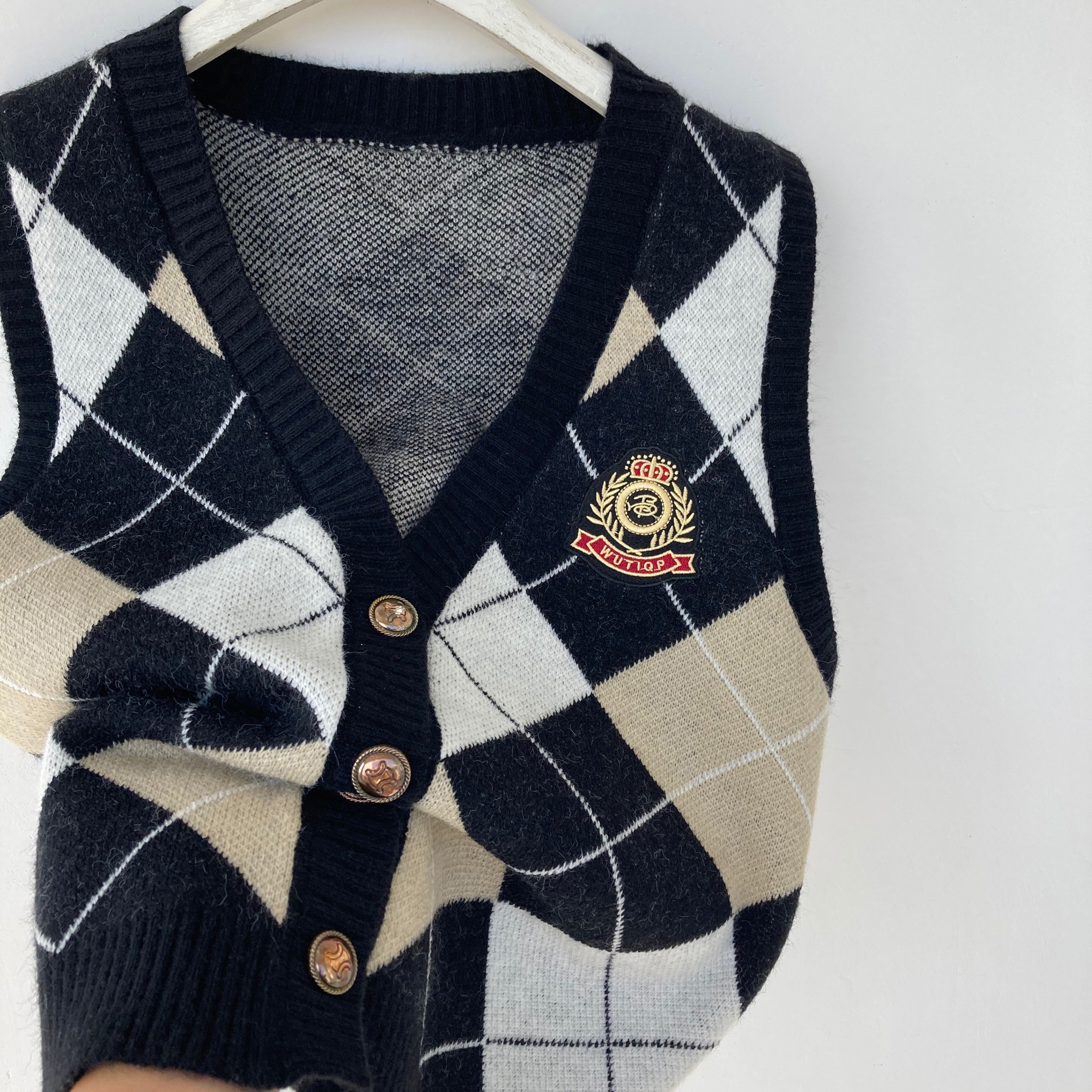 Title 4, Cardigan Gilet Plaid in Maglia Stile College Pr...