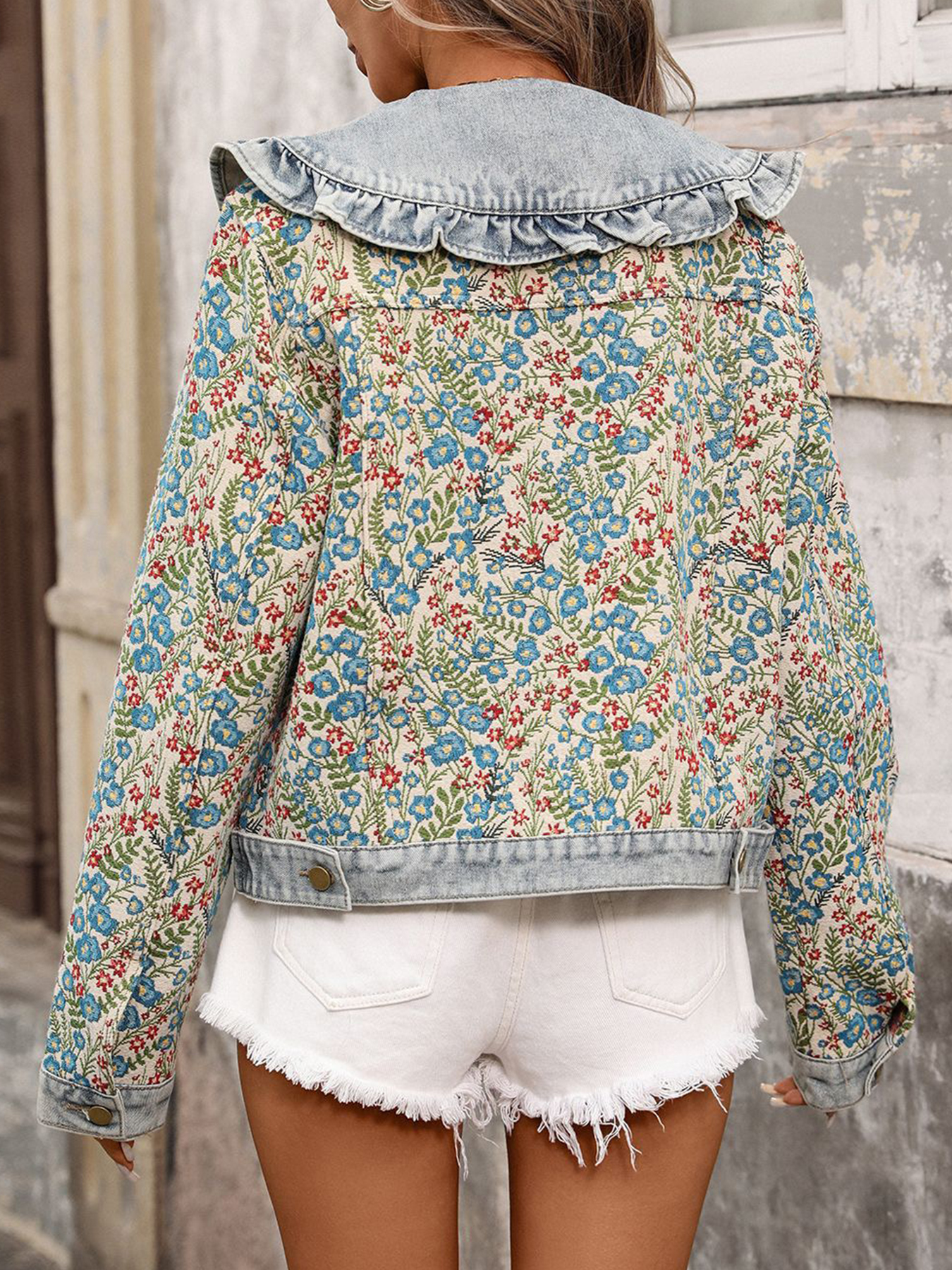 New Women's Jacquard Long-sleeved Ruffled Peter Pan Collar Single-breasted Short Denim Jacket, Stylish And Versatile, Suitable For Everyday Wear. — foto 5