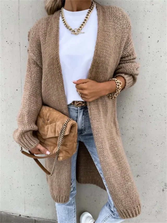 Autumn Solid Color Long Sleeve Knit Cardigan Jacket Brown - Shop at LoveMi