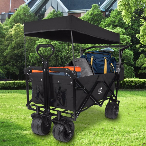 Foldable Wagon With Removable Canopy & Cooler Bag - Heavy Duty Collapsible Wagon Utility Cart With 4inch All-Terrain Wheels For Camping Beach Garden, Black