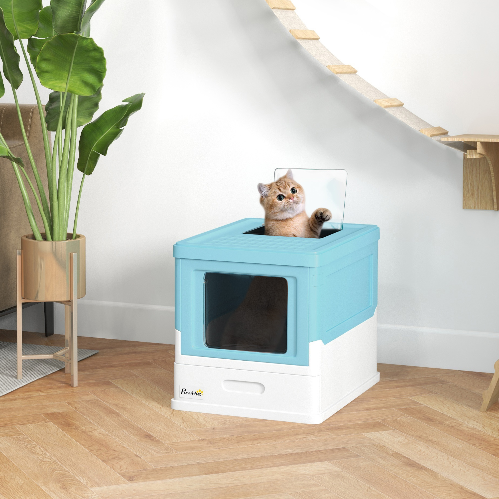 Hooded Cat Litter Box, Portable Pet Toilet, With Scoop, Front Entry - Light Blue — image 7