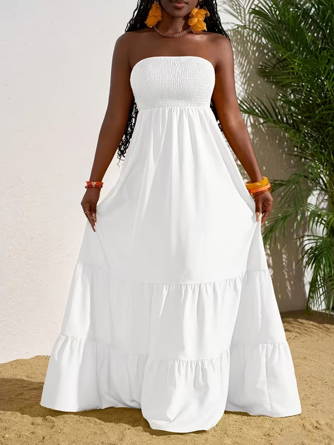 Vibrant Strapless Pleated Multi layered Full Skirt Dress, Women's Sleeveless Long Resort Style Dress White - Shop at LoveMi