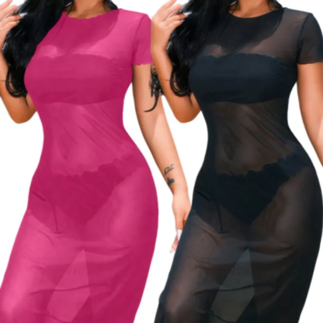 Women Solid Color Round Neck Short Sleeve Sheer Cover Up Dress Set Set1 L - Shop at LoveMi