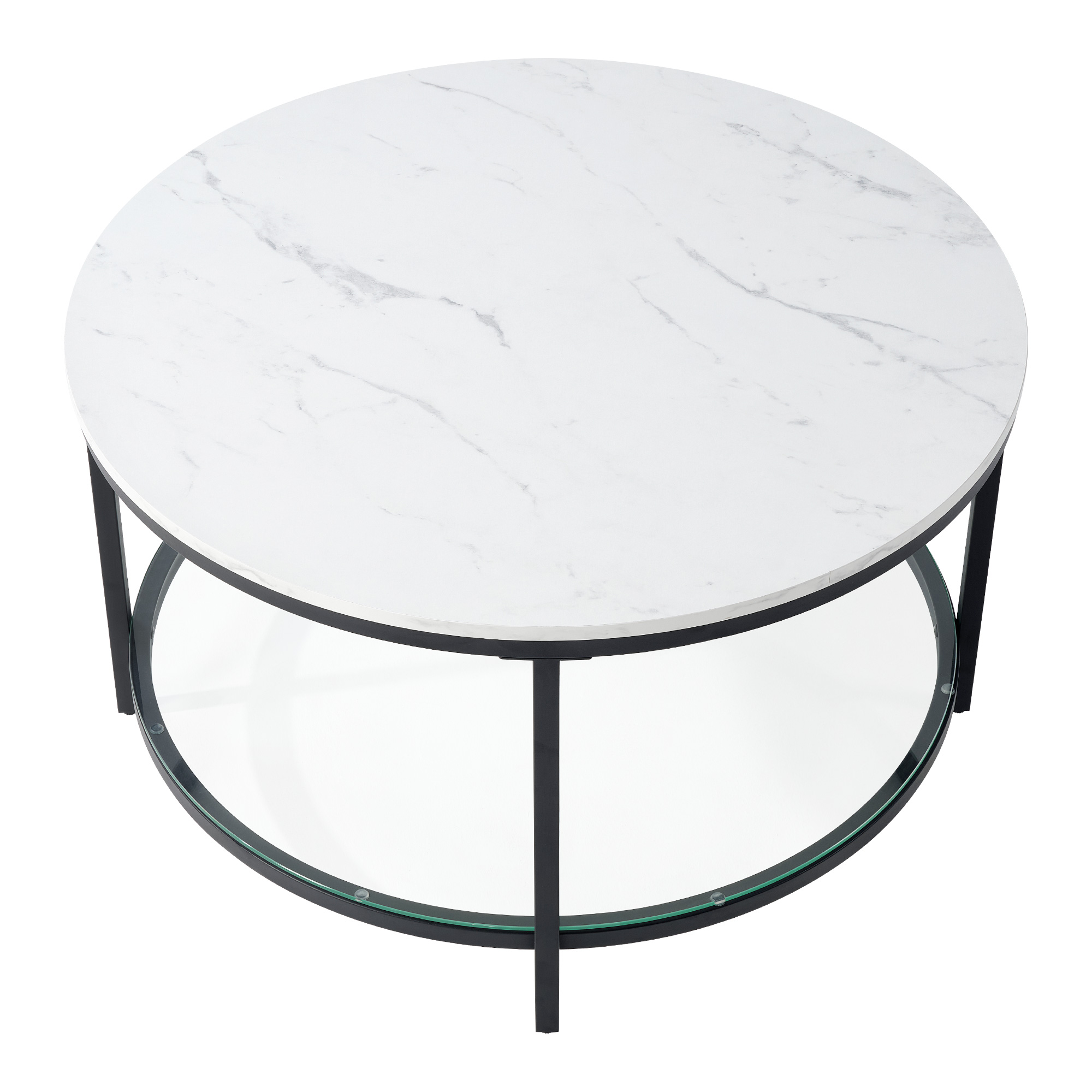 The Living Room Features A Marble Circular Glass Coffee Table, And A Double-layer Circular Transparent Coffee Table With Storage Function.