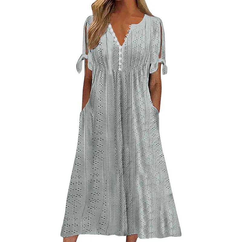Women's Eyelet V-Neck Maxi Dress Short Sleeve Flowy A-Line Summer Beach Dress - G