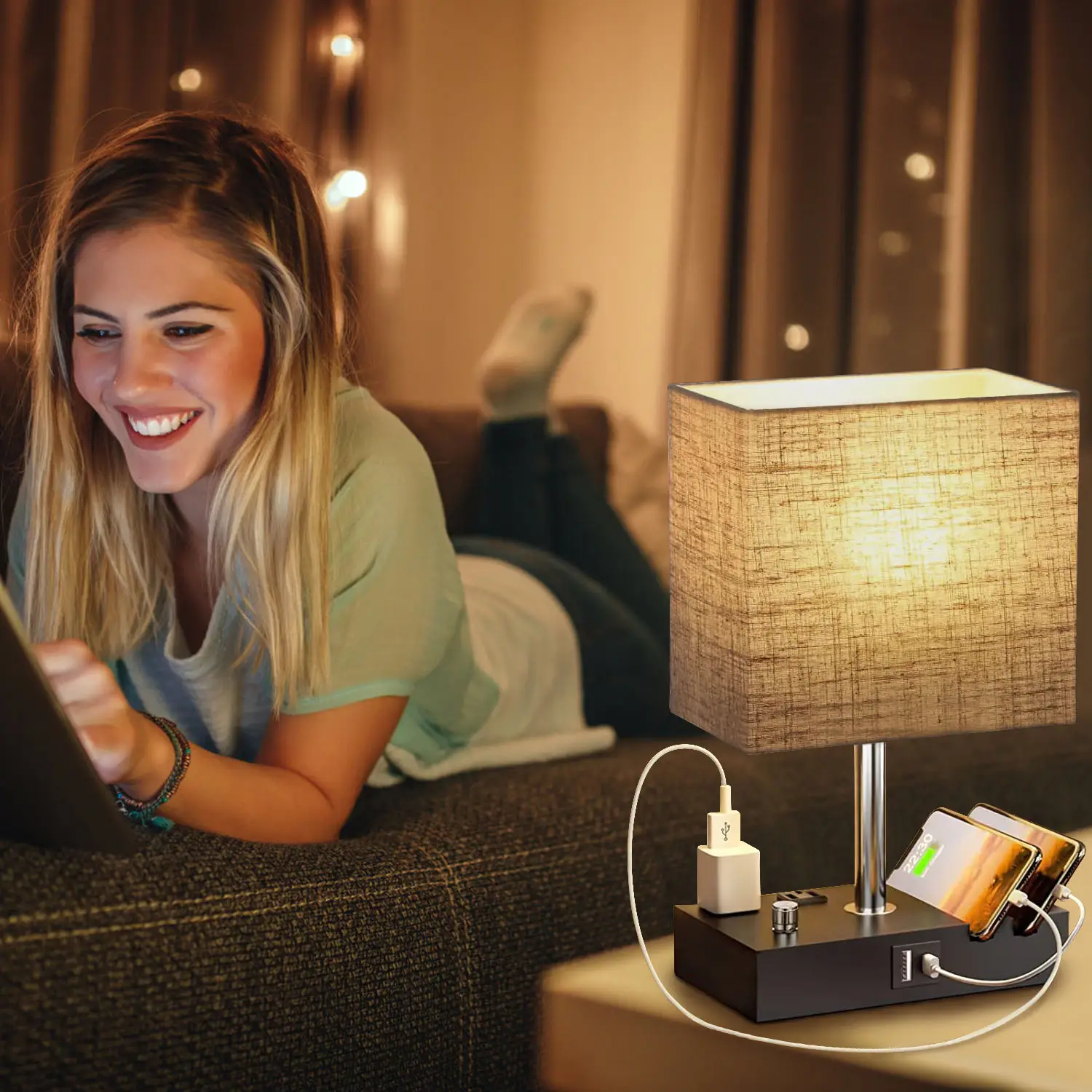 1Pc Fully Dimmable Table Lamp For Bedroom Living Room Bedside Lamp For Nightstand Dual USB Ports 2 Power Outlets LED Bulb Included