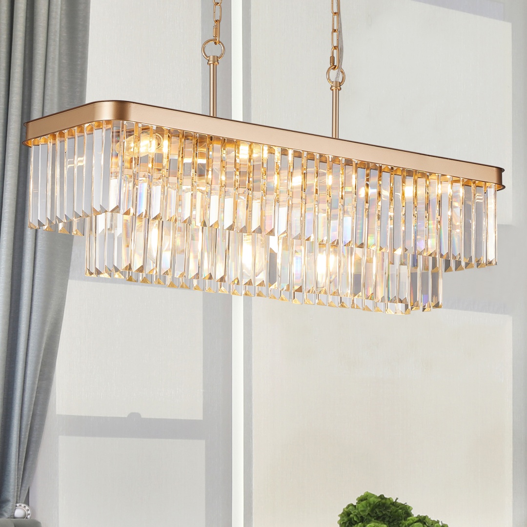 Chandeliers,Rectangular Crystal Chandelier Adjustable,E12 Modern Industrial Crystal Lights,Farmhouse Iron Ceiling Hanging Light For Kitchen Living Room Bedroom-Gold-Bulb Not Included