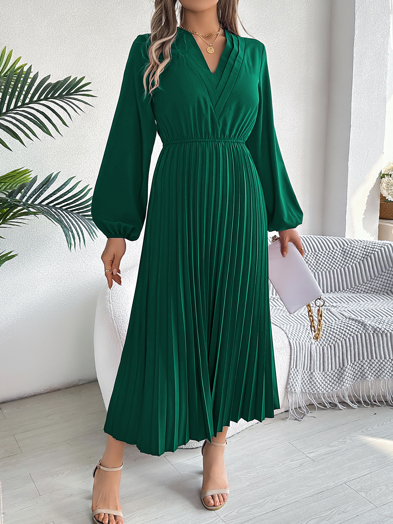 Women's Elegant Triple V Neck Long Sleeve Tie Waist Pleated Maxi Dress