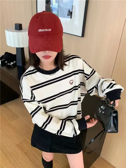 American Retro Striped Sweater For Women White - Shop at LoveMi