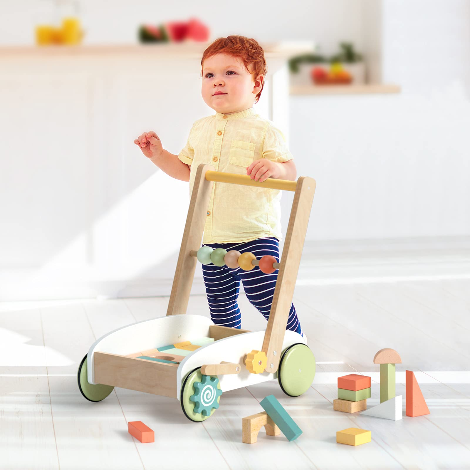 ROBOTIME Wooden Baby Push Walker, ACTIVITY WALKER, Infant Multi-Activity Learning Walker