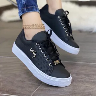 Women Flat Sneakers Breathable Lace-up Shoes For Girls - Black