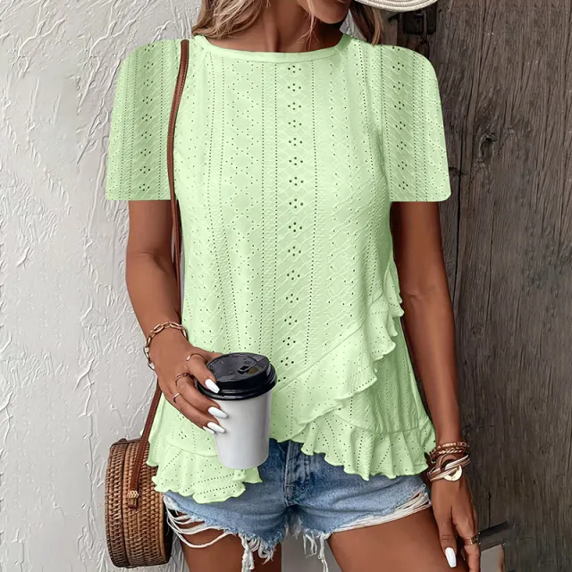 Women's Ruffle Hem Short Sleeve T Shirt Casual Summer Crew Neck Blouses Top Light Green - Shop at LoveMi