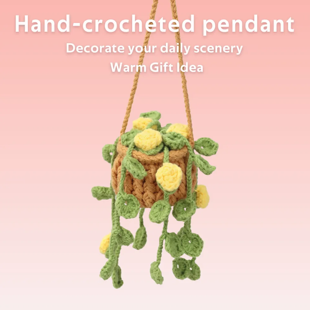 Handmade Crochet Hanging Potted Ornament With Trailing Yellow Flower Buds And Green Leaf Vines Everlasting Soft Yarn Crochet Blossom Indoor Home Hanging Decor