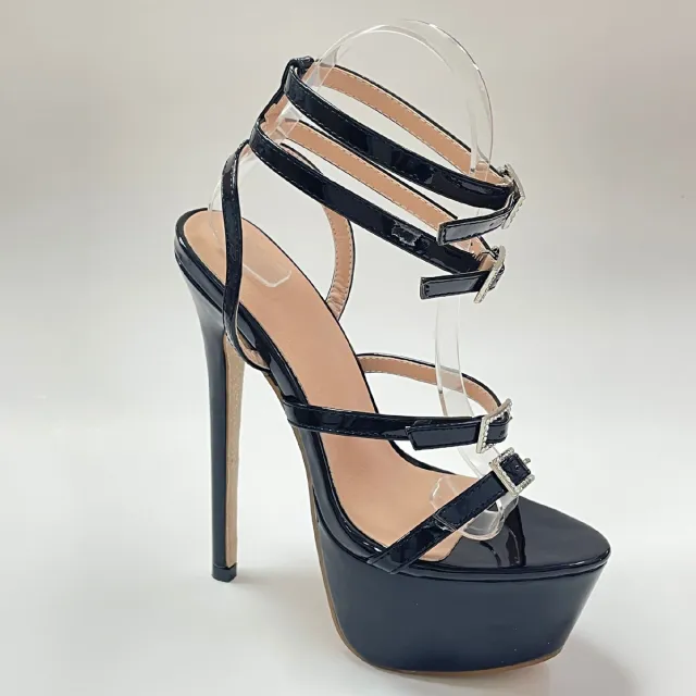 16CM High Heel Rhinestone Buckle Platform Buckle Wedding Sandals Black - Shop at LoveMi