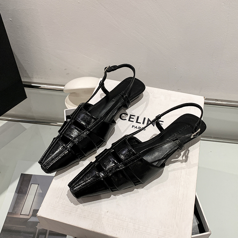 2026 Women Unique Design Hollow Breathable Genuine Leather Back Strap Roman Sandals, Square Covered Toe Mid Block Heel Cowhide Sandals — view 4