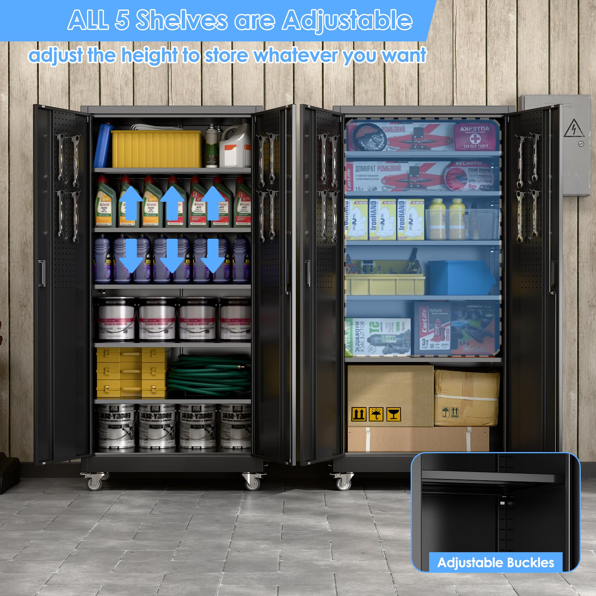 Aobabo Black Metal Garage Storage Cabinet With Wheels, 34inchW X 18inchD X 71inchH 5 Adjustable Shelves Hold Up To 170 Lb Each 4 Lockable Casters And Lockable Doors Organize Tools And Supplies. image 4