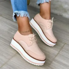 Lace-up Shoes Thick Bottom Checkerboard Design Flats Shoes Women - Pink - View 1