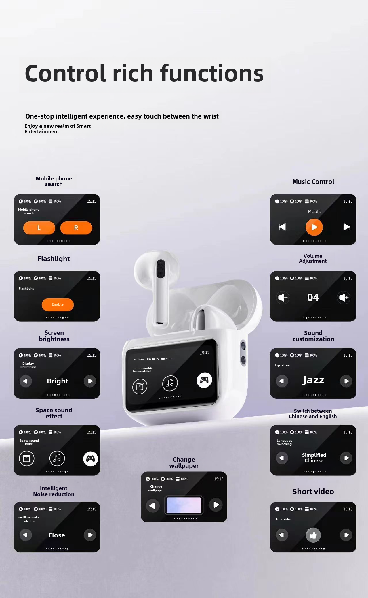 Bluetooth 5.4 Headphones with Smart Noise Reduction (Blanco). Function: Waterproof, long life, voice control, support music. Function: LCD digital display, ENC active noise reduction. Bluetooth protocol: 5.4. Waterproof performance: IPX5. Endurance: Charg