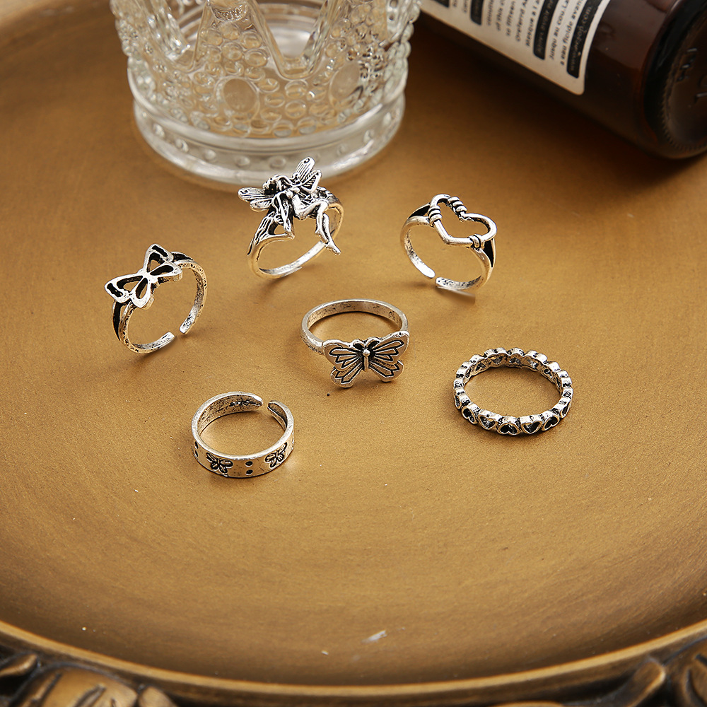 Antique Silver Vintage Butterfly Heart Rings Set Of 6