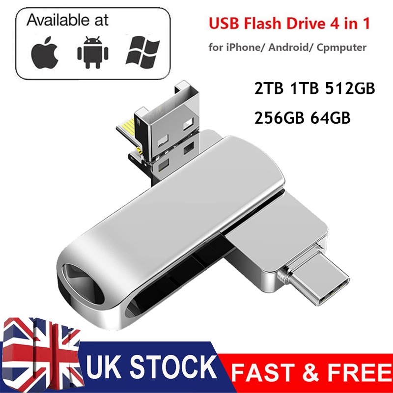 2TB USB 3.0 Drive Stick 4in1 Type C OTG For Android PC UK New