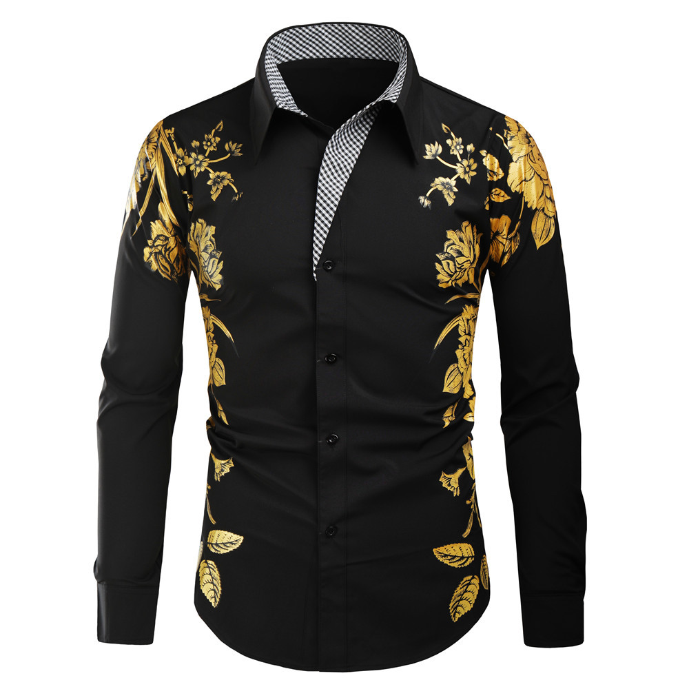 Fashion Bronze Print Men's Korean Trend Long Sleeve Shirts