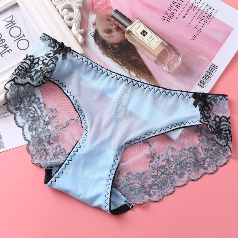 Low rise Embroidered Lace Panties And Mesh Briefs Light Blue - Shop at LoveMi