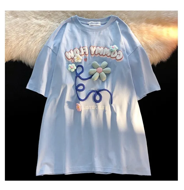Women's Floral Letter Foam Print Short Sleeve T shirt Light Blue - Shop at LoveMi