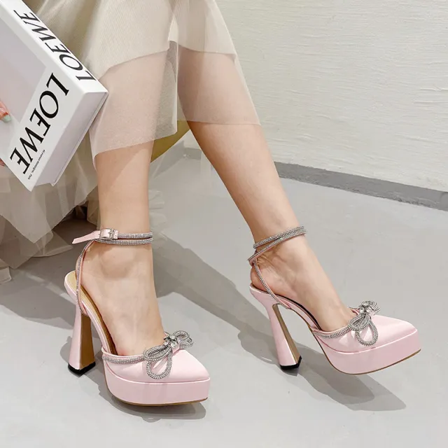 Fashion Rhinestone Bow French Pointed Toe Slingback Waterproof Platform High Heels Pink - Shop at LoveMi