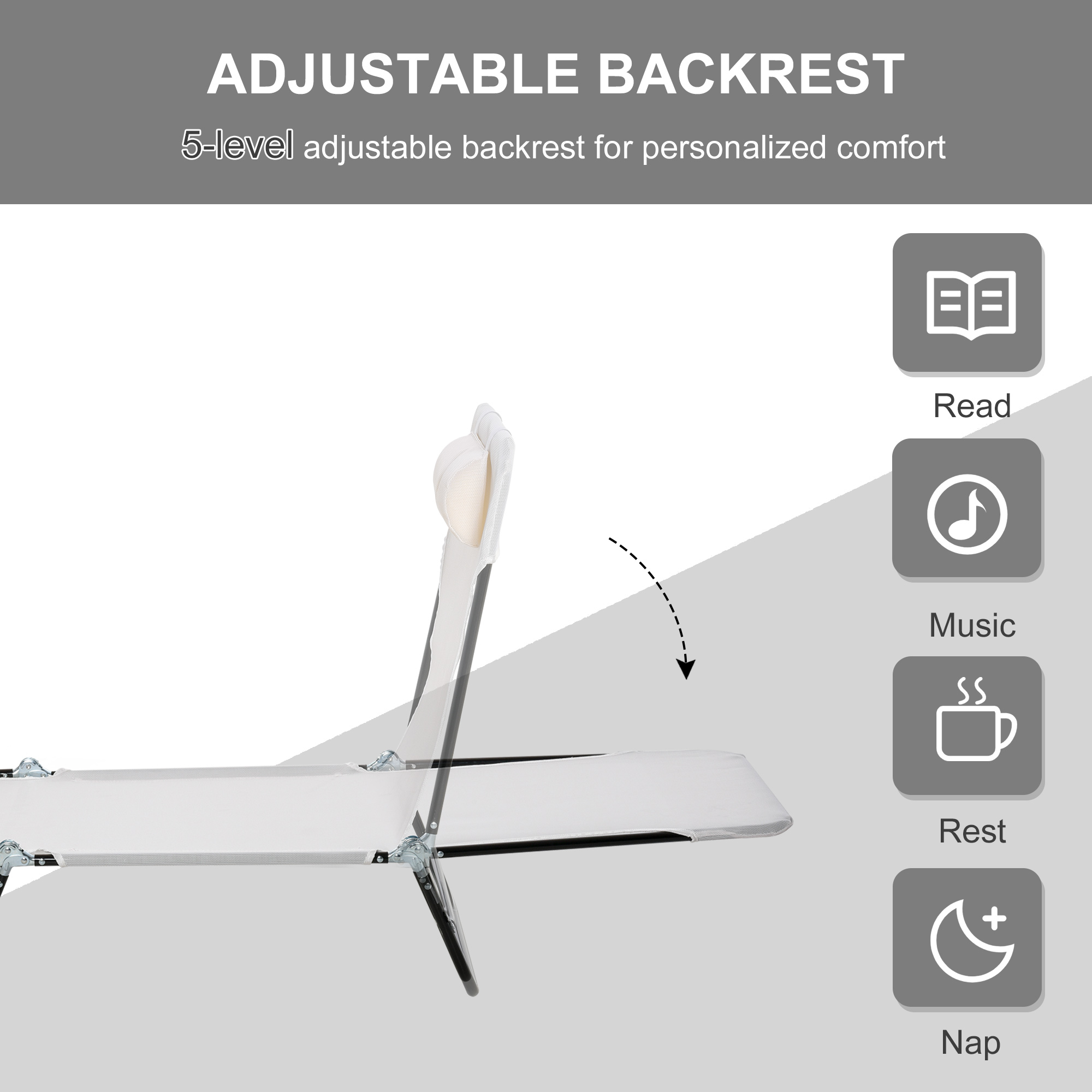 Folding Chaise Lounge Chair, Cream White, 5-Level Adjustable With Headrest, Breathable Mesh For Beach & Patio_voghion.com
