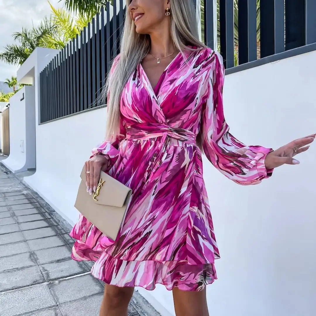 Chiffon Printed Ruffled V-neck Casual Dress