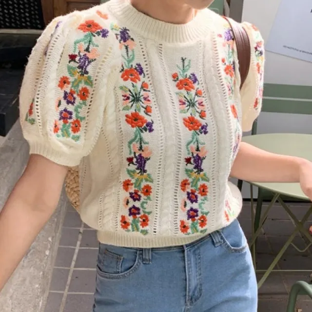Round Neck Puff Sleeve Thin Ice Silk Sweater Pullover Top - Shop at LoveMi