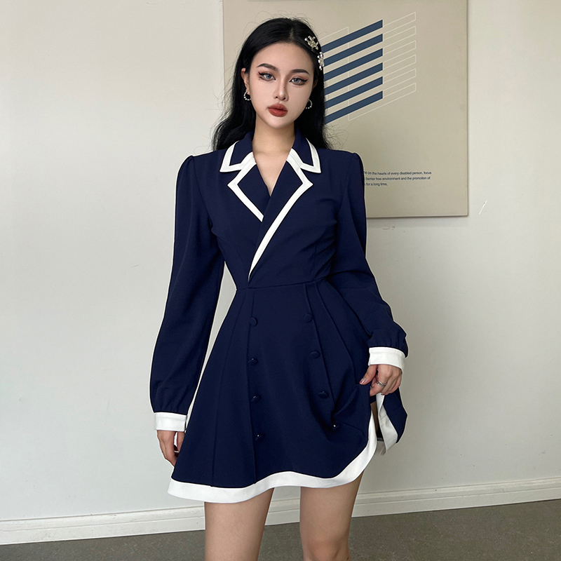 Women's Contrast Suit Collar Long Sleeve Shirt Dress