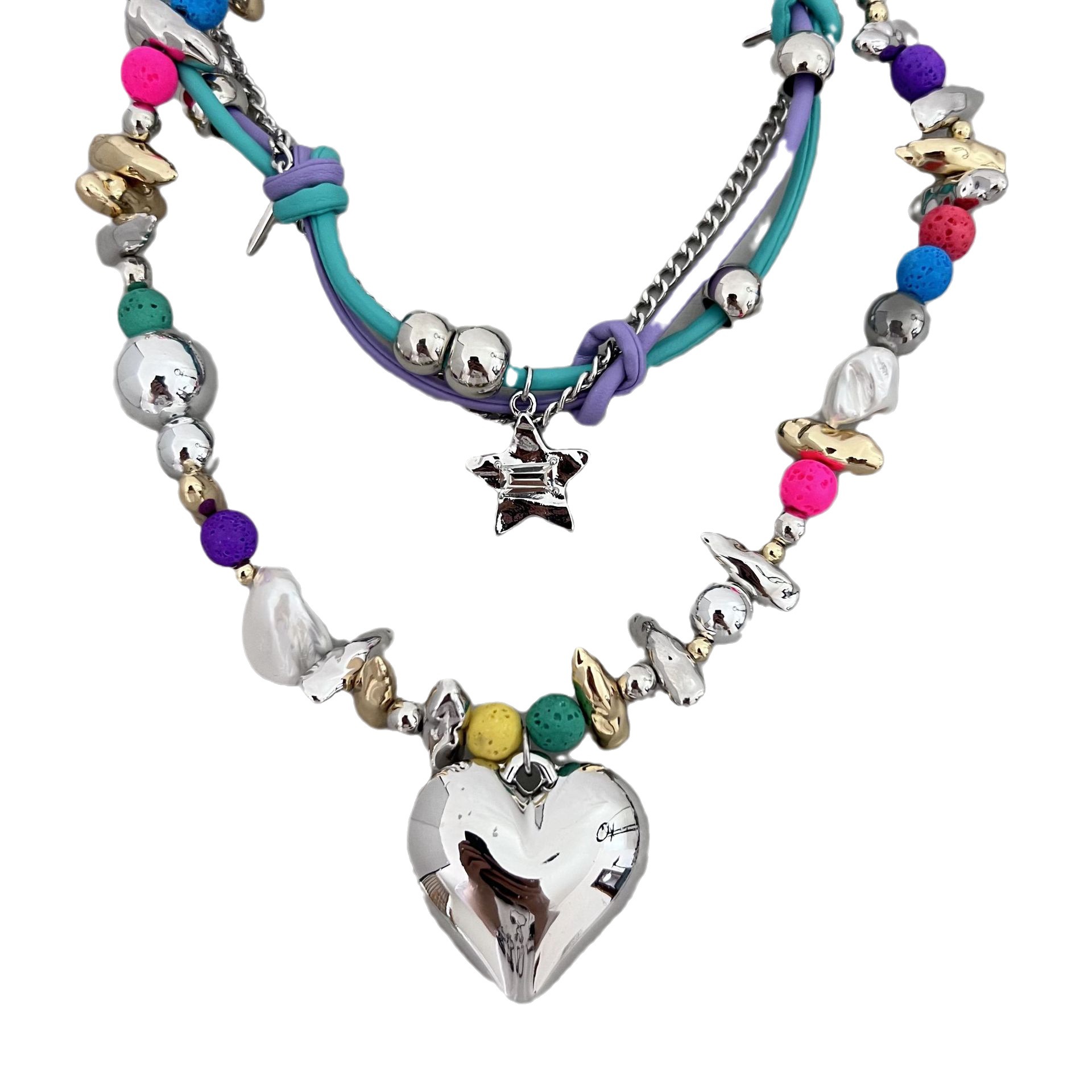 Title 4, High-grade Heart-shaped Colorful Beaded Necklac...