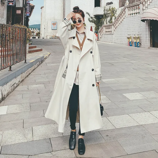 Korean Style Commuter Plaid Patchwork Coat Beige - Shop at LoveMi