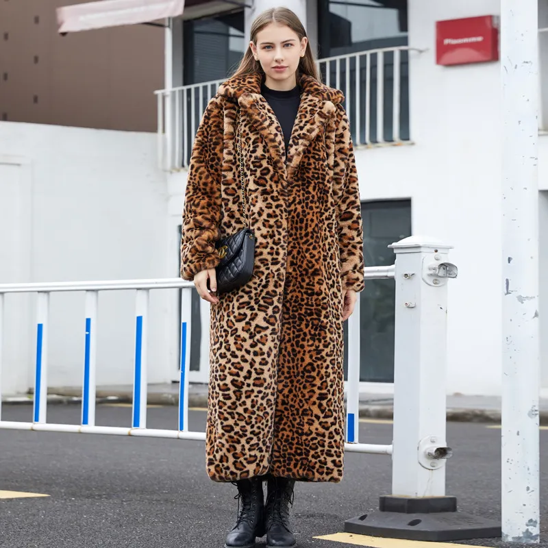 Faux Fur Leopard Print Rabbit Fur Super Long Suit Collar Fur Coat - Brown