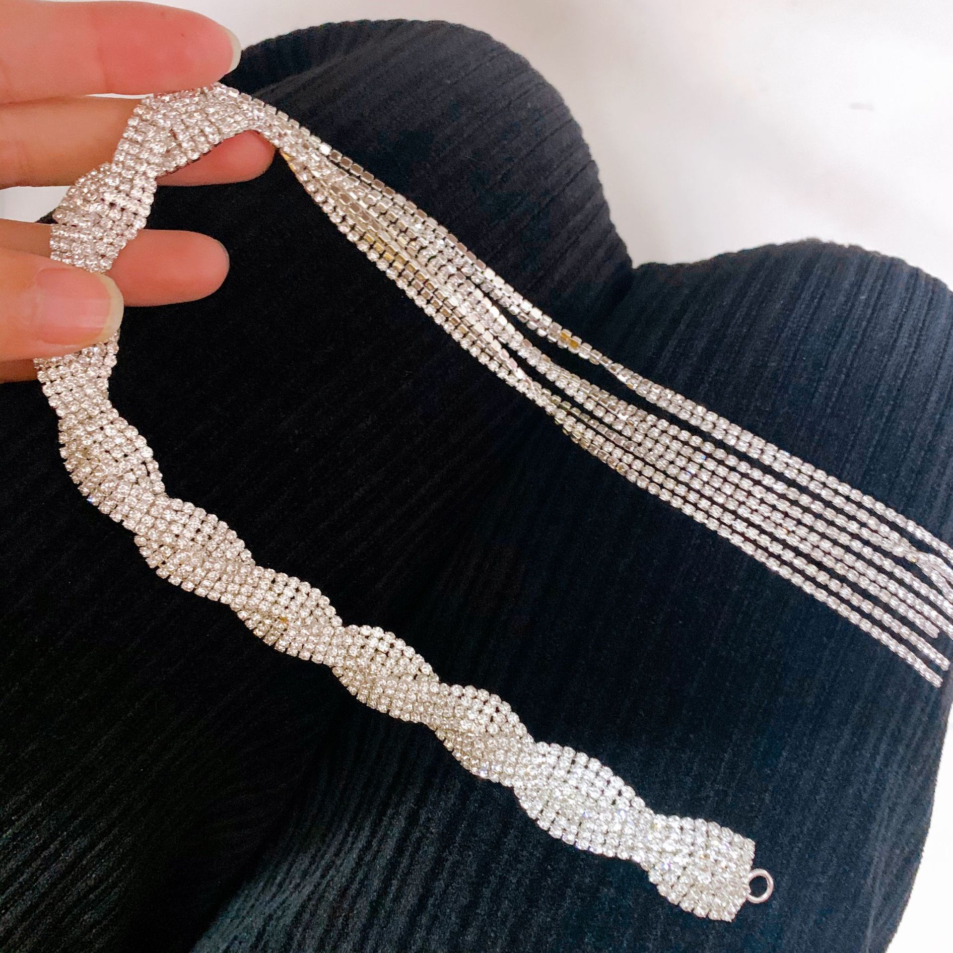 White Fringe Long Strip Shape Rhinestone Headband
