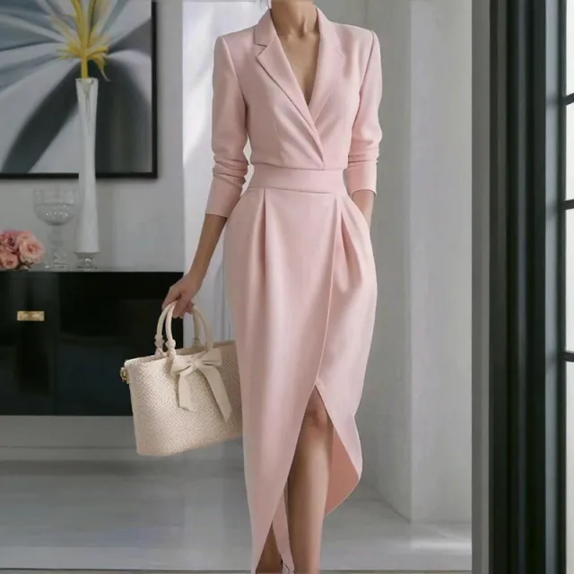 Women's Solid Color Lapel Midi Dress, Bodycon Asymmetrical Hem Dress With Pockets For Formal Occasions Pink - Shop at LoveMi