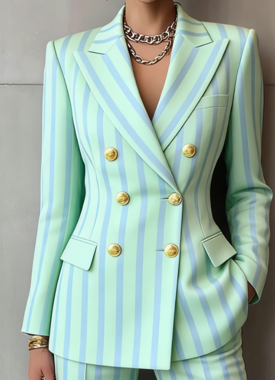 Retro Geometric Double-breasted Suit Jacket For Women, Long-sleeved, Slim Fit, Suitable For Commuting.