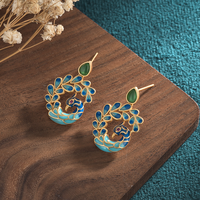 Vintage Jewelry Painted Enamel Peacock Natural Stud Earrings
