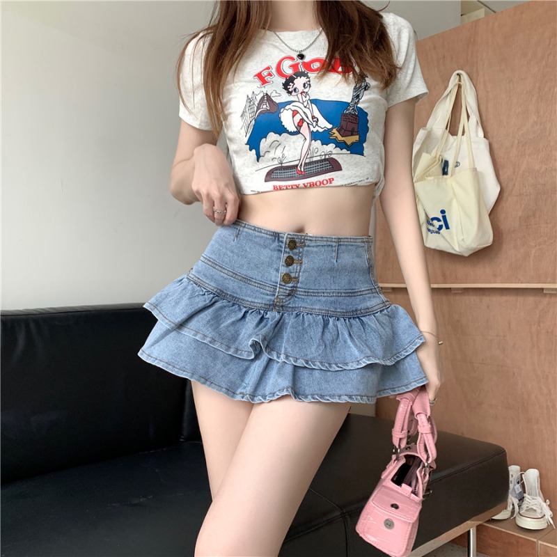 Women's Retro Ruffled Denim Skirt