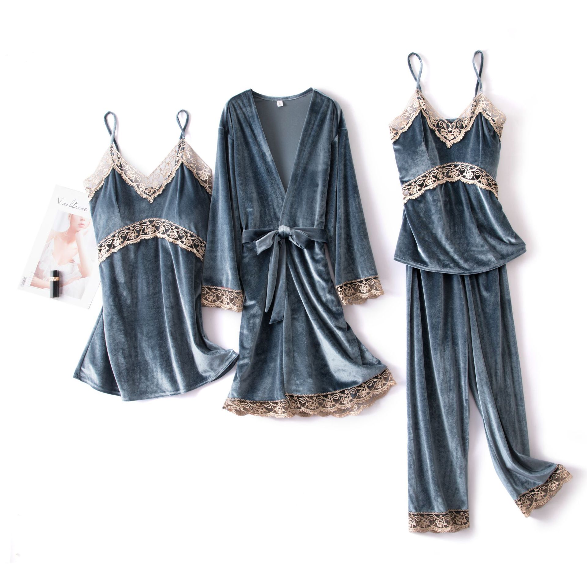 Title 5, Sexy sling velvet 4-piece long-sleeved nightgow...