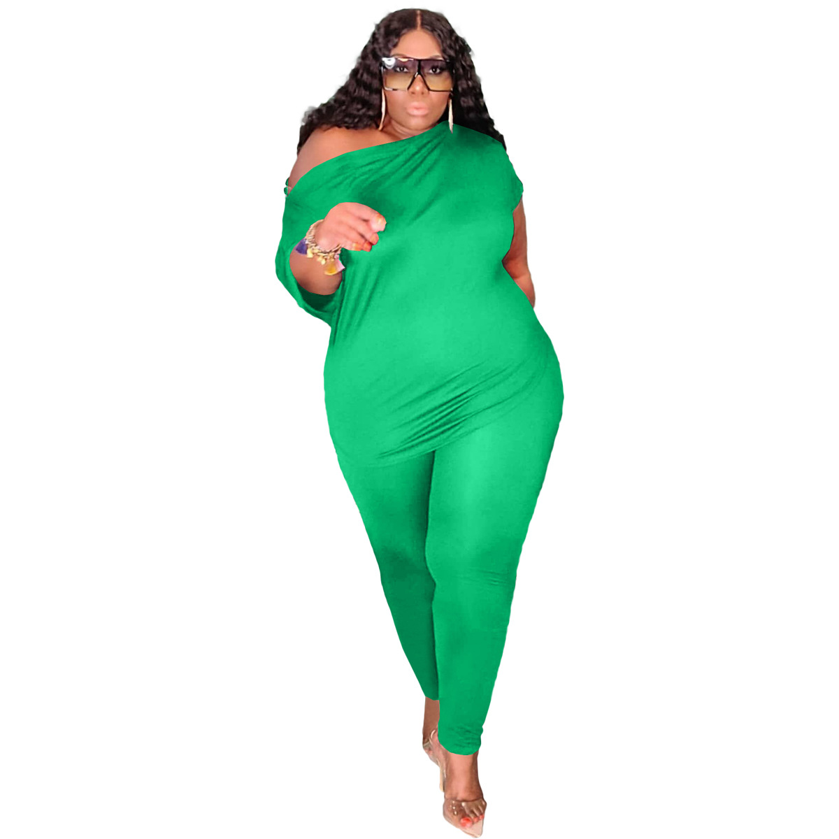 Plus Size Women's Fashion Oblique Shoulder Casual Solid Color Sports Suit