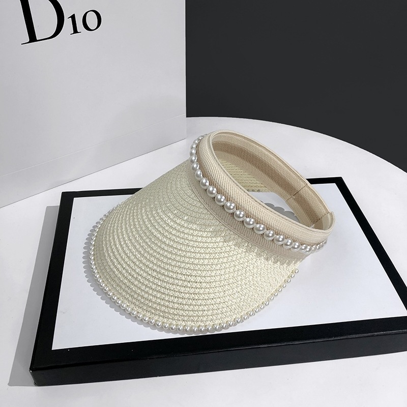 Empty Top Sunshade Pearl Straw Hat Women Lace Beige - Shop at LoveMi