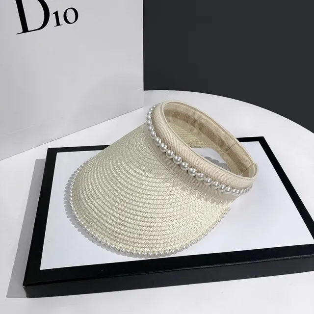 Empty Top Sunshade Pearl Straw Hat Women Lace Beige - Shop at LoveMi