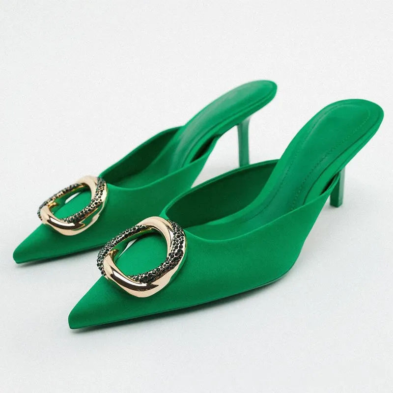 Women's Stiletto Fashion High Heels With Metal Decoration - Green