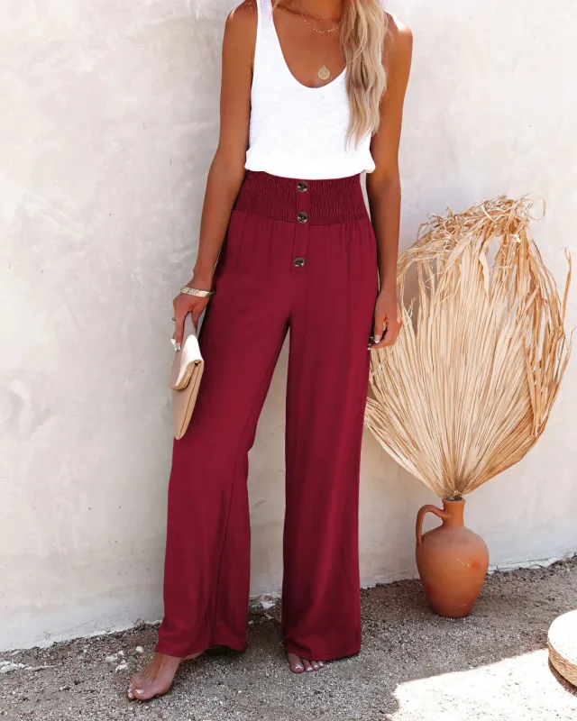 Casual Women's Button Color Elastic Waist Trousers Wide Leg Pants Red - Shop at LoveMi